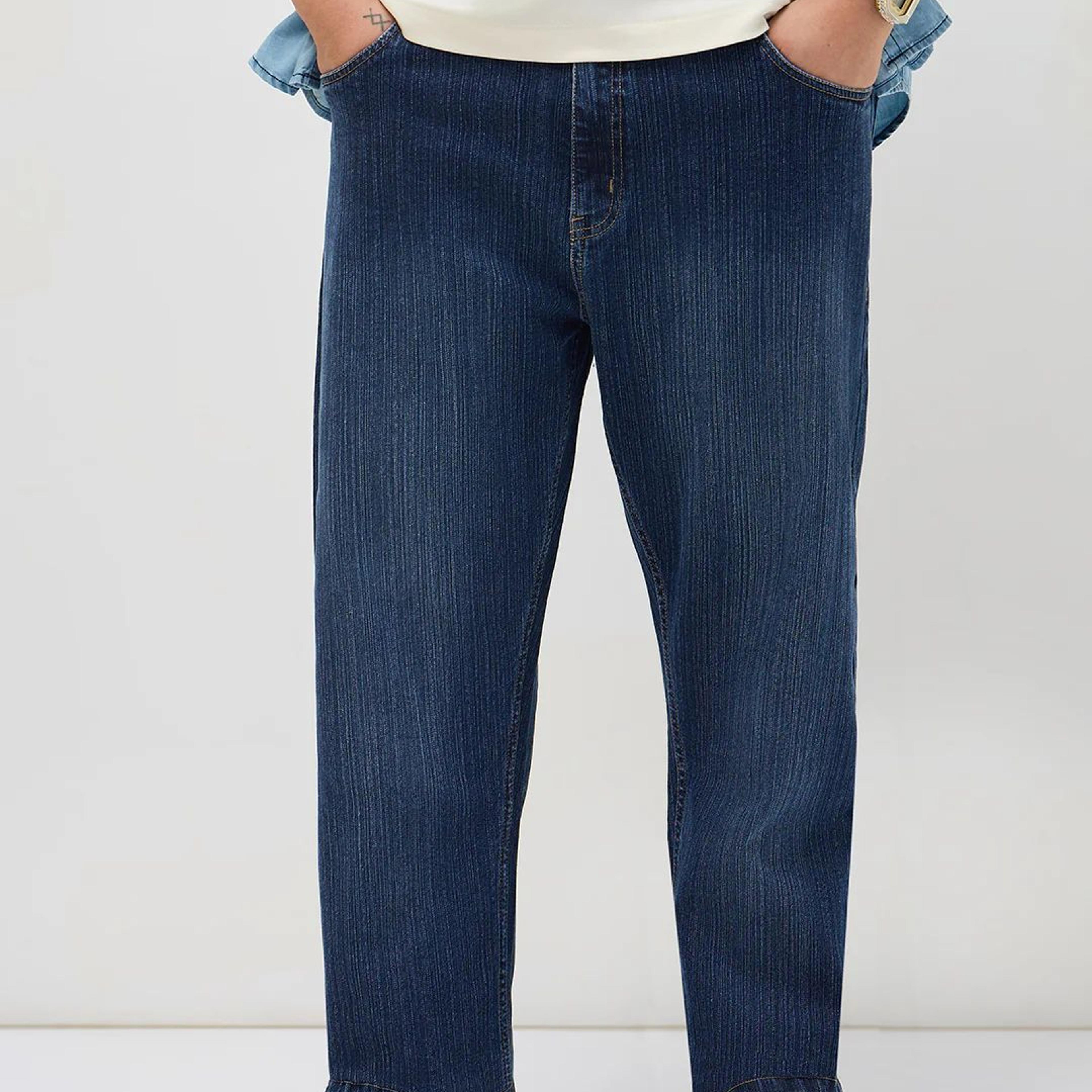 Plus Men's Blue Straight Fit Washed Denim Jeans Stretchable