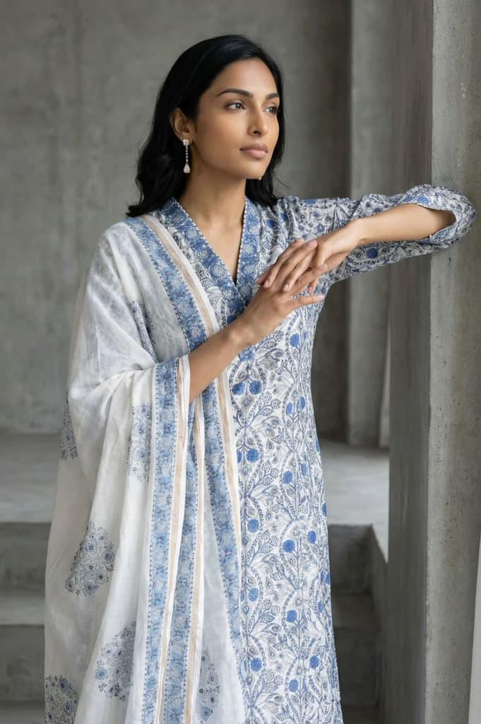White Block Printed Pure Cotton Straight Kurta with Pants and Dupatta Set — photo 2