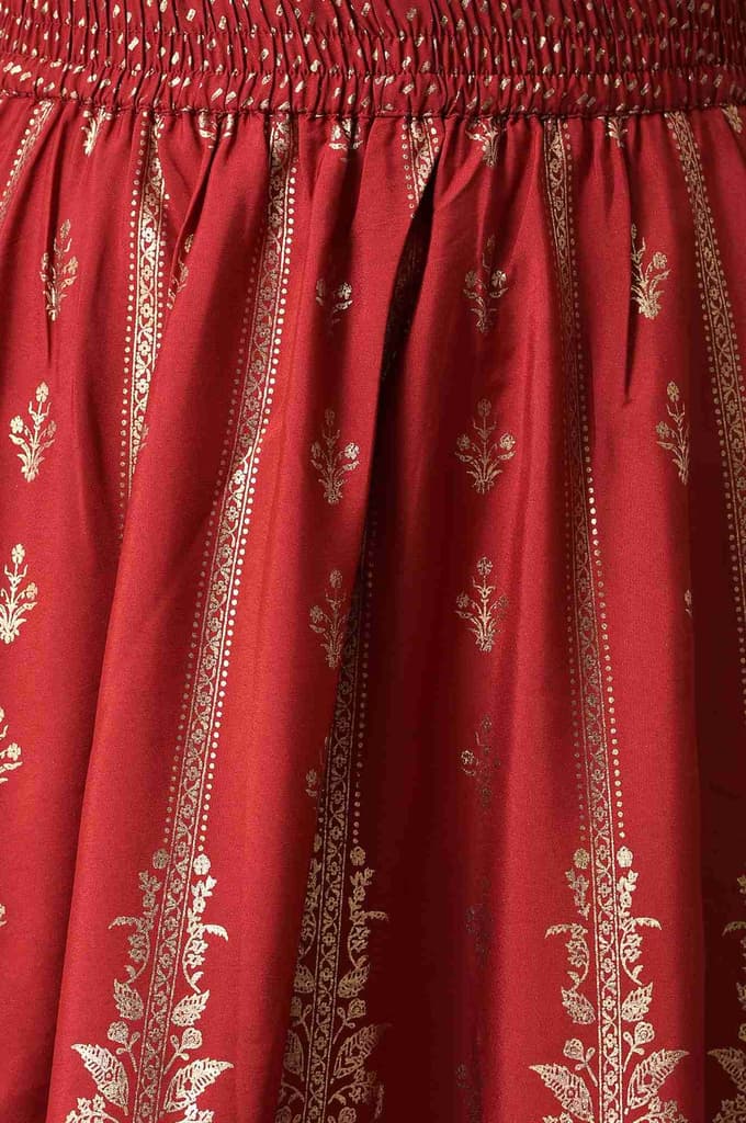 Maroon Floral Printed Flared Woven Skirt With Elasticated Waist — photo 6