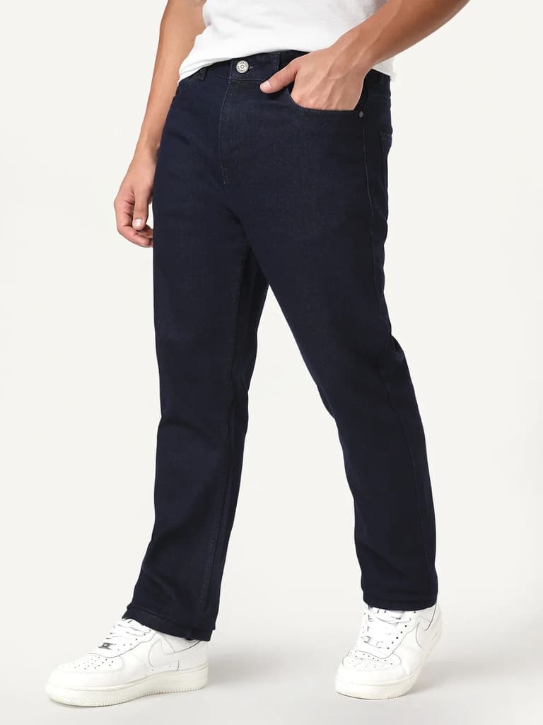 Men's Dark Blue Straight Fit Raw Washed Denim Jeans Stretchable — photo 3