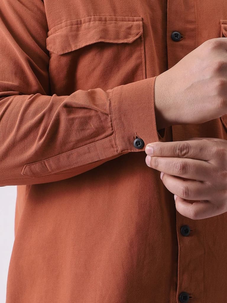Plus Men's Rust Cotton Full Sleeve Relaxed Fit Shacket with Utility Pockets — photo 6