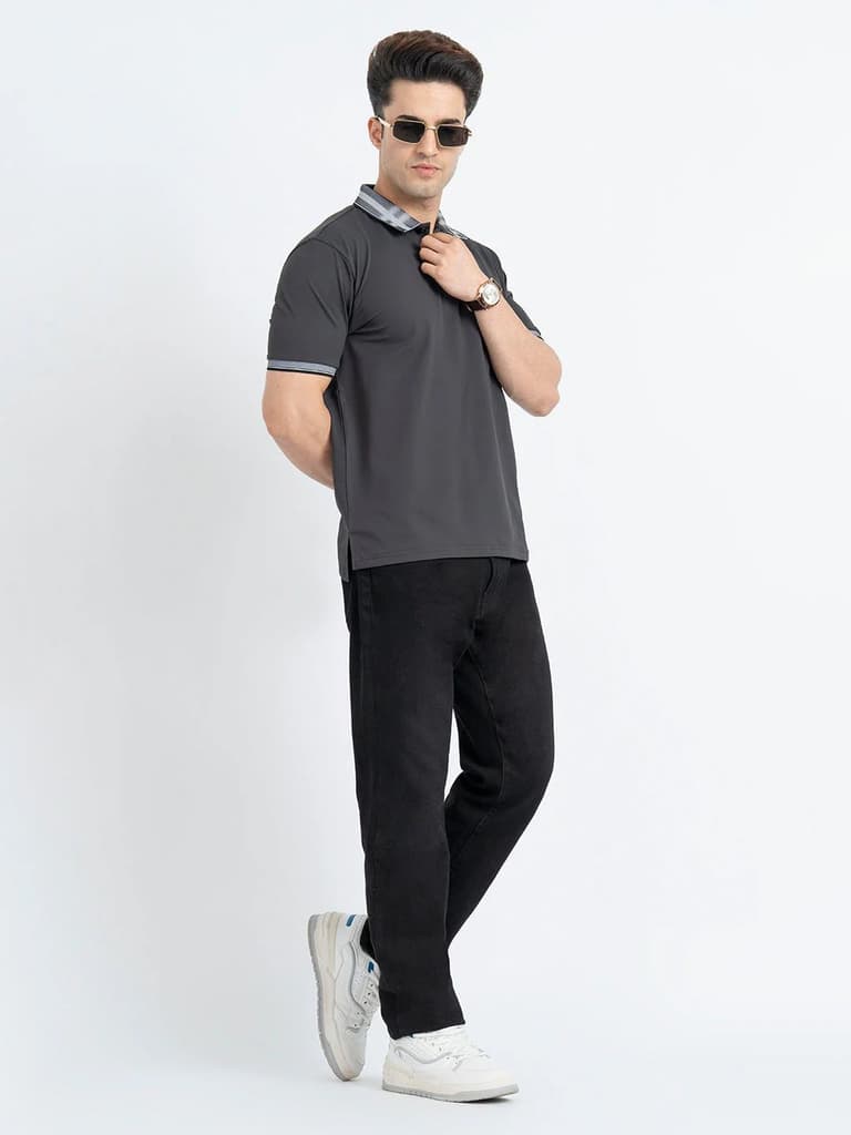 T Shirts for Men in Charcoal Grey | Jacquard Polo T Shirt — photo 5