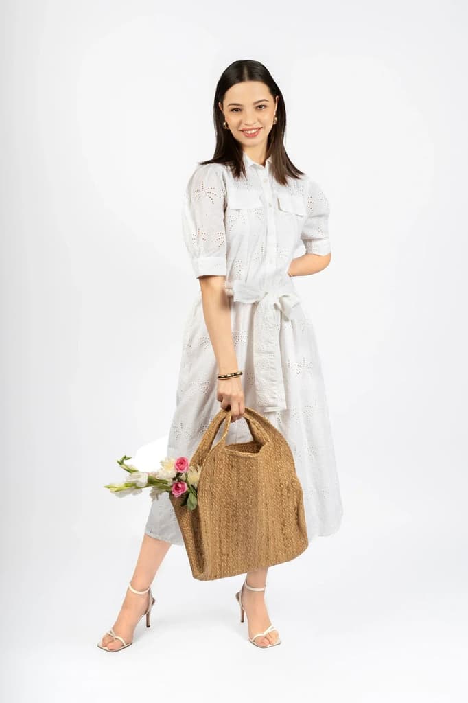 White Cotton Schiffly Midi Fit & Flare Dress — photo 4