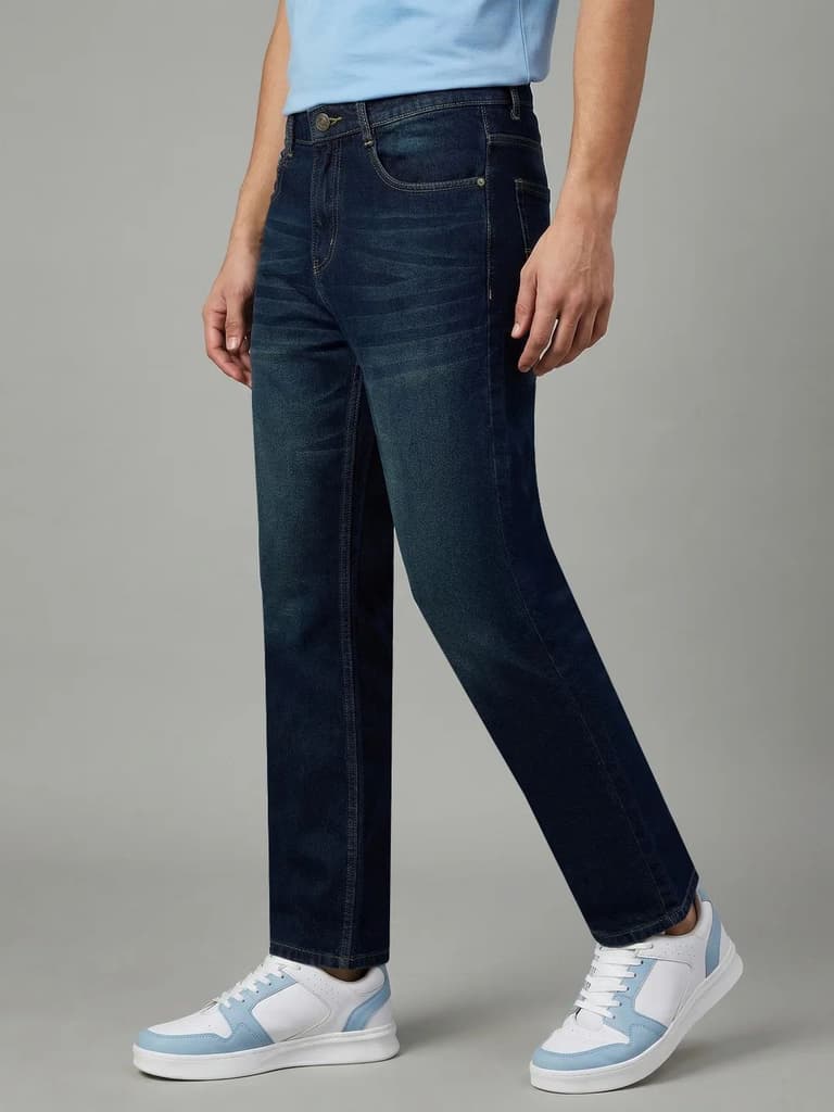 Men's Dark Blue Relaxed Fit Washed Denim Jeans Non-Stretchable — photo 2
