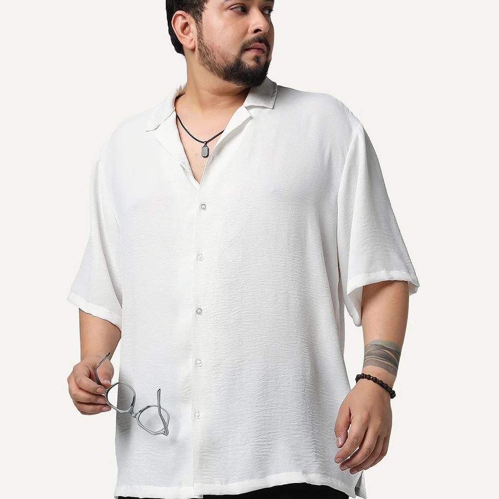 Plus Men's White Cotton Half Sleeve Relaxed Fit Textured Shirt with Cuban Collar