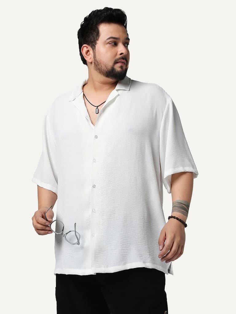 Plus Men's White Cotton Half Sleeve Relaxed Fit Textured Shirt with Cuban Collar — 2XL / White