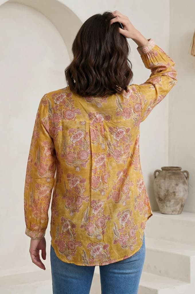 Yellow Floral Printed Cotton Blend Straight Top — photo 4