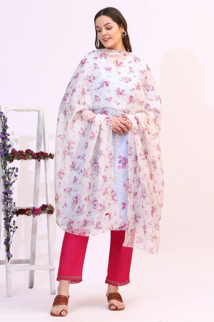 White Floral Printed Organza Dupatta — photo 3