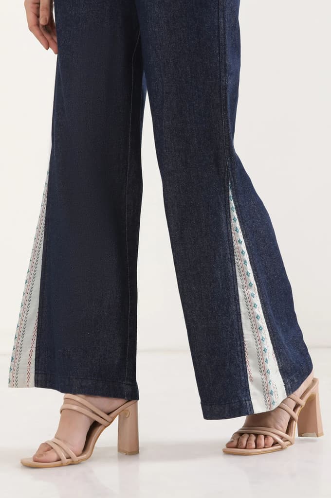 Blue Solid Flared Denim Palazzo With Printed Side Inserts — photo 8