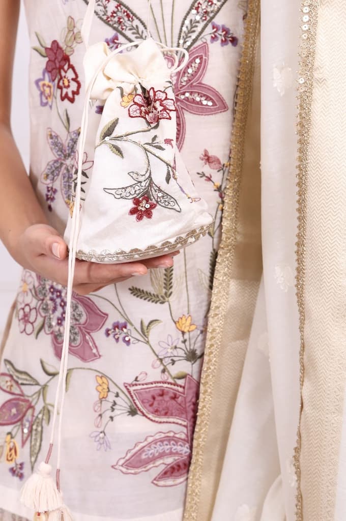 White Embroidered Straight Cotton Kurta with Flared Pant and Dupatta Set — photo 8