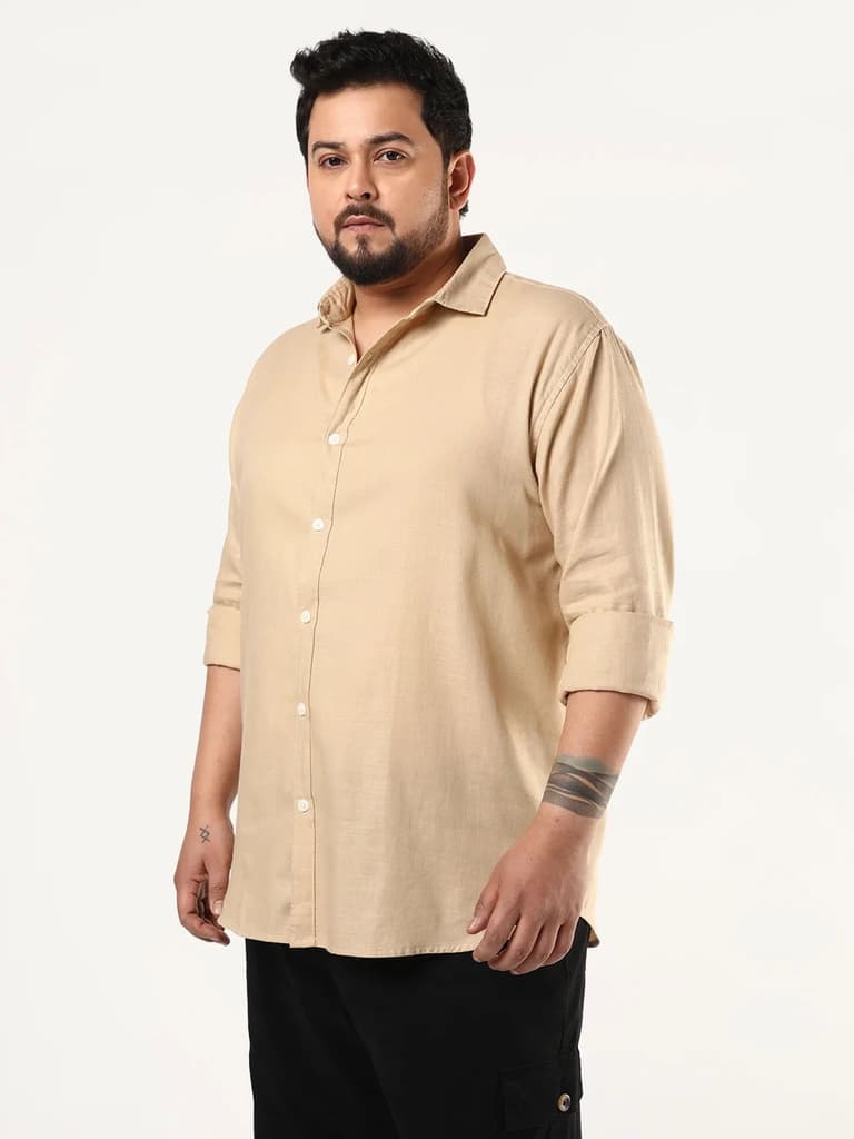 Plus Men's Beige Linen Blend Full Sleeve Relaxed Fit Casual Solid Shirt — photo 2