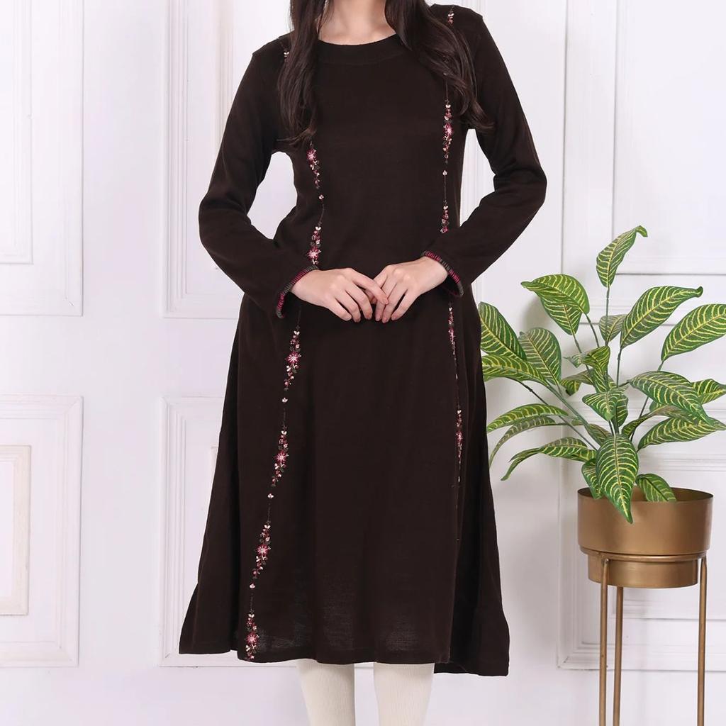 Brown Thread Embroidered Acrylic Flared A-line Kurta
