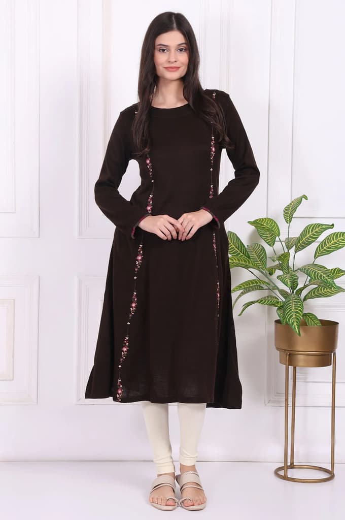 Brown Thread Embroidered Acrylic Flared A-line Kurta