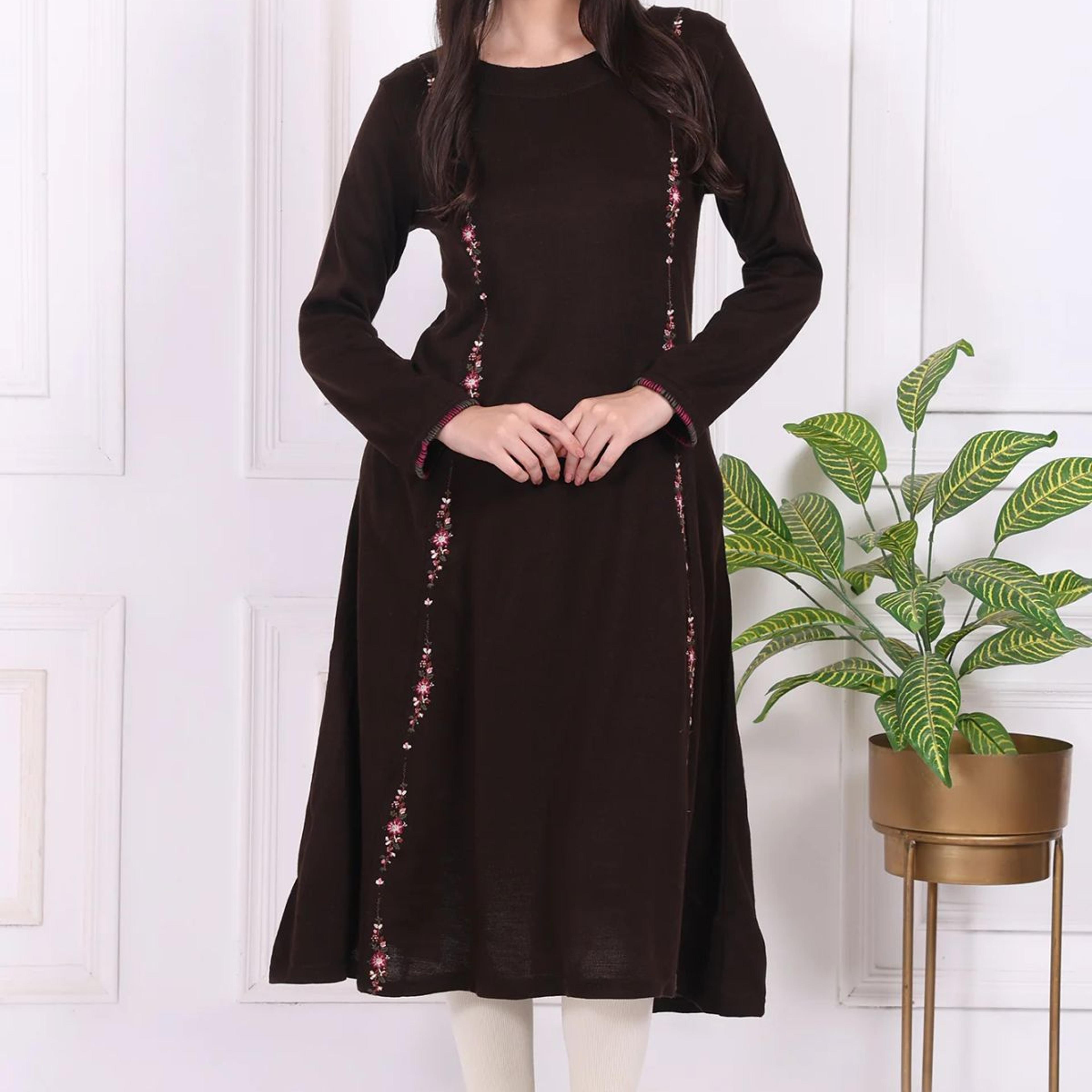 Brown Thread Embroidered Acrylic Flared A-line Kurta
