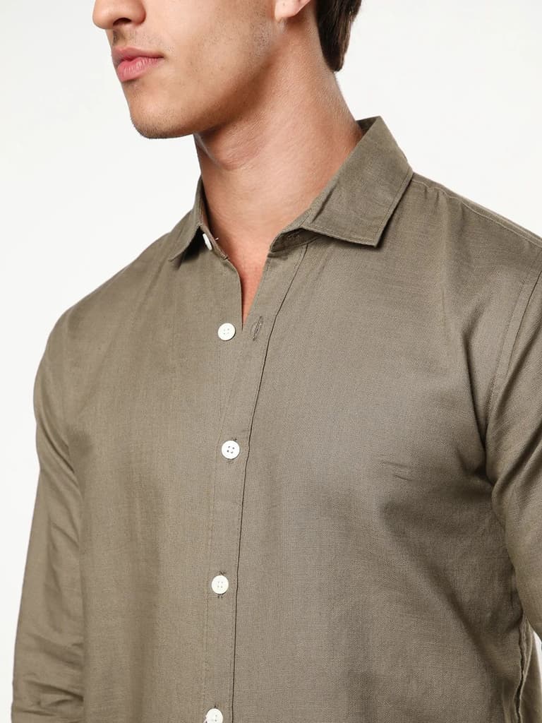 Men's Coffee Linen Blend Full Sleeve Relaxed Fit Casual Solid Shirt — photo 5