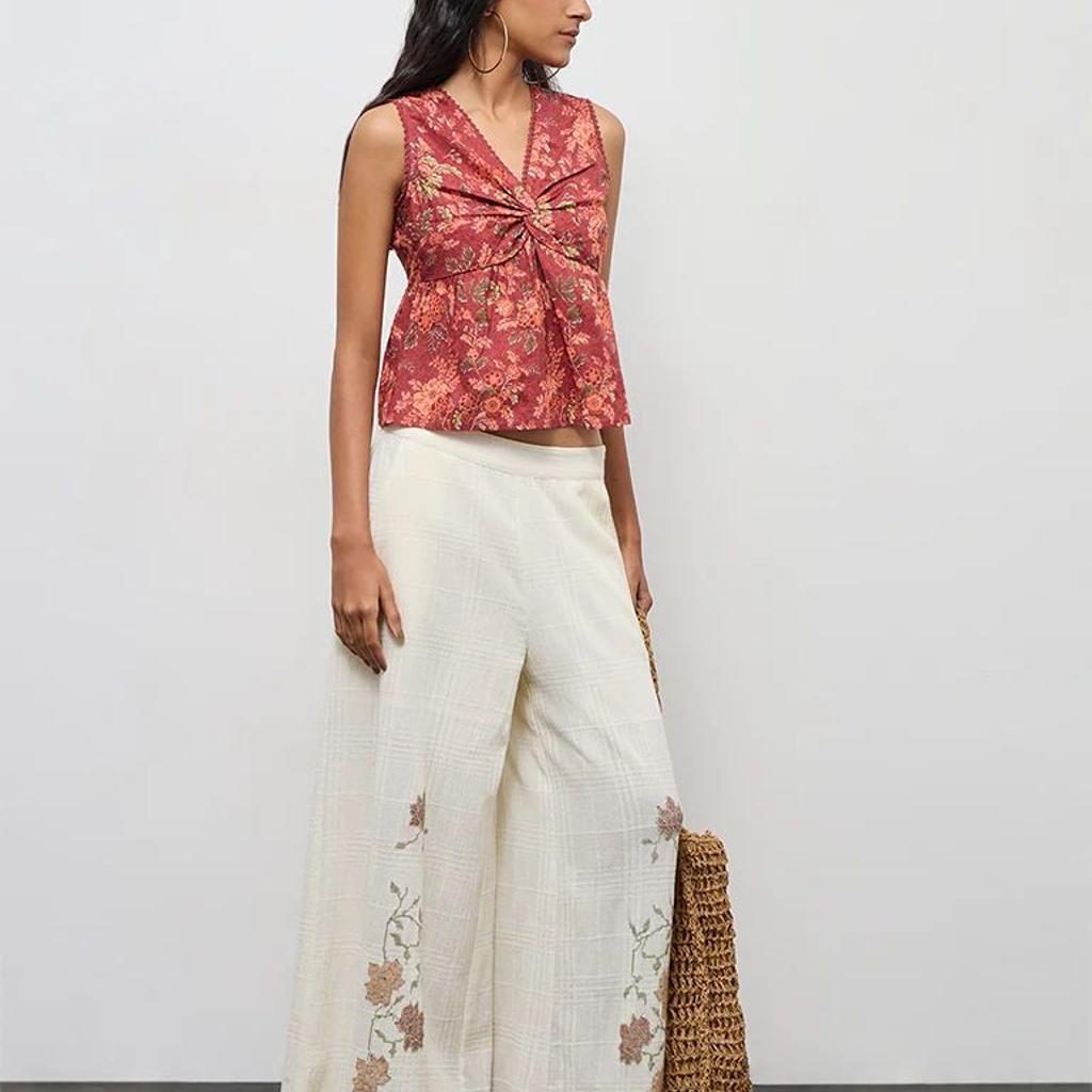 Bombay Paisley Rust Floral Design Ruched Cotton Top