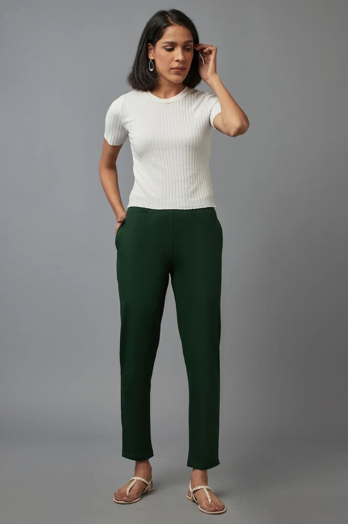 Dark Green Solid Flared Cotton Pants With Elasticated Waist — photo 5