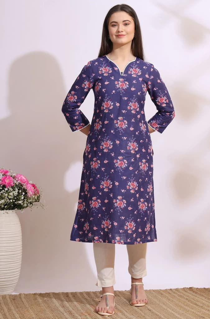 Purple Bold Floral Printed Cotton Cambric Straight Kurta — photo 2