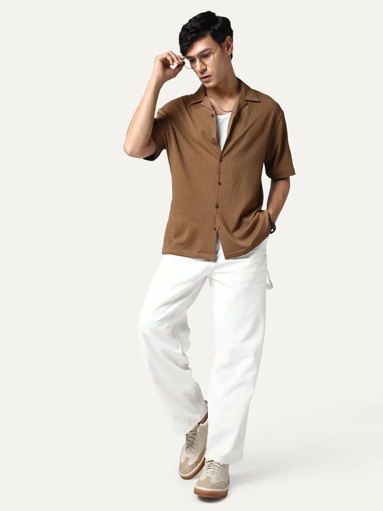 Men's Mocha Cotton Half Sleeve Oversized Fit Textured Shirt with Cuban Collar — photo 4