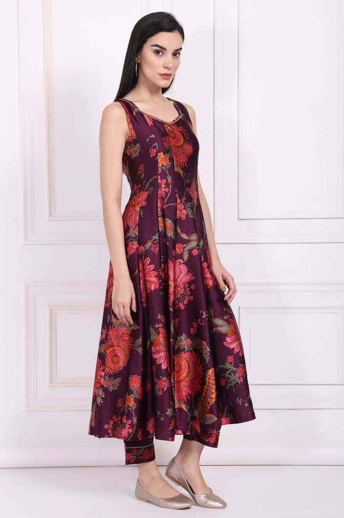 Purple Floral Printed Embellished Anarkali Satin Kurta with Straight Pant and Dupatta Set — photo 6