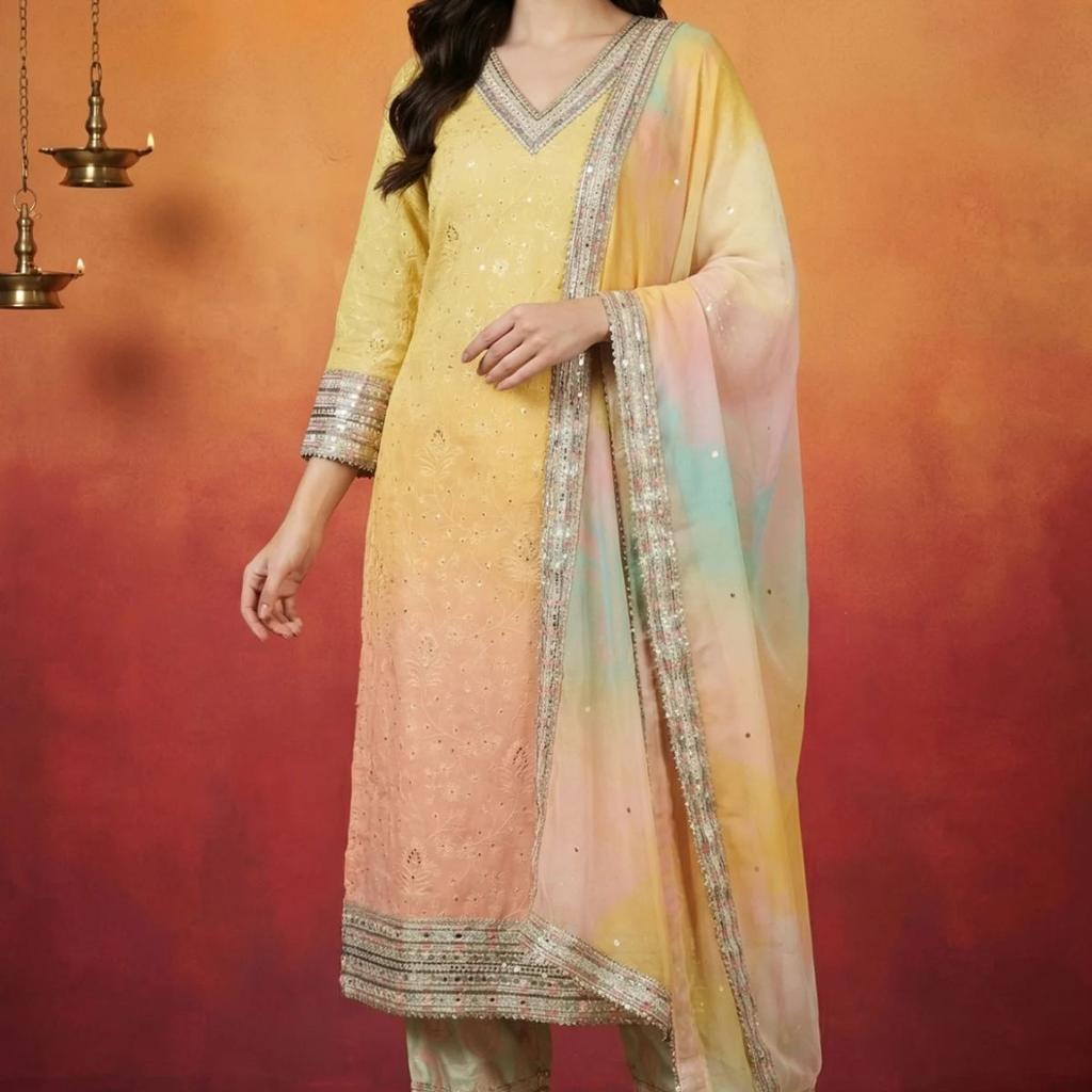 Yellow Ombre Thread Embroidered Georgette Straight Kurta with and Dupatta Set