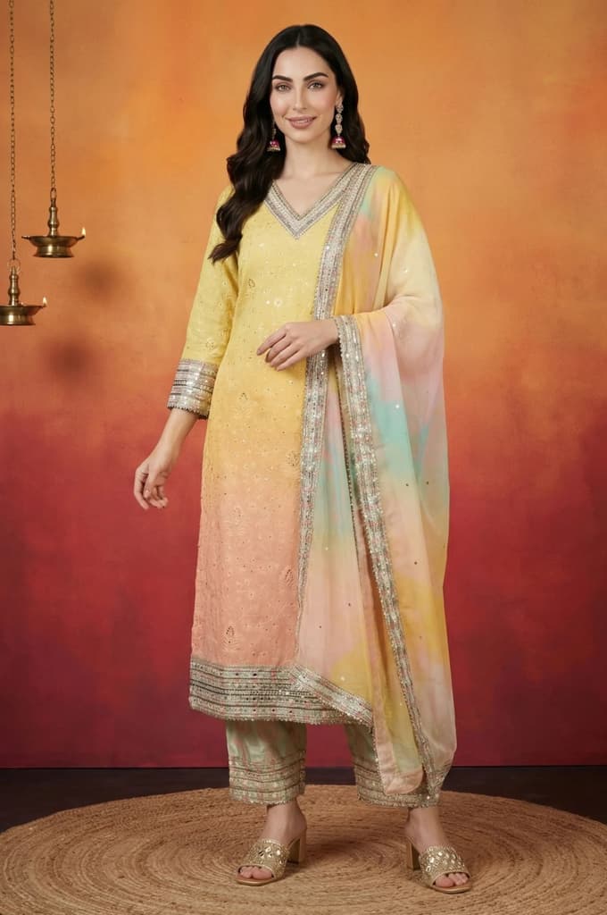 Yellow Ombre Thread Embroidered Georgette Straight Kurta with and Dupatta Set — XS
