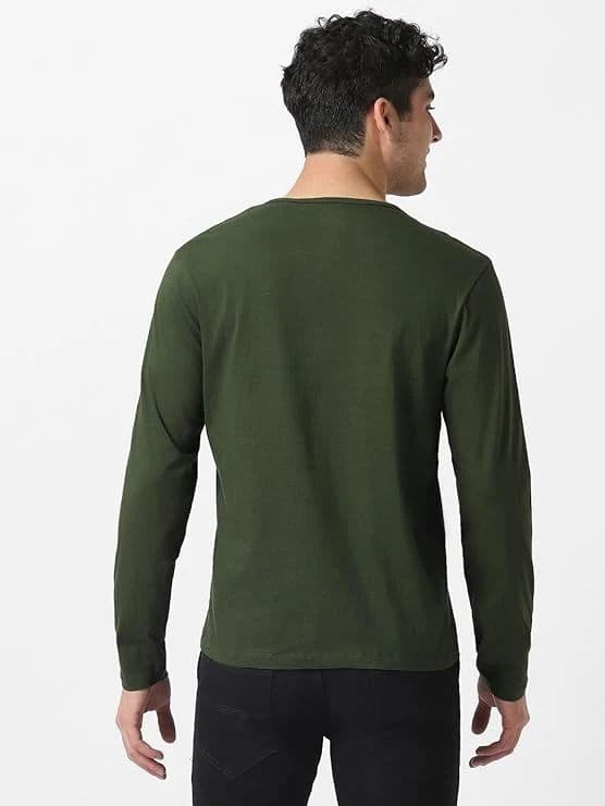 Men's Olive Green Solid Henley Neck Slim Fit Cotton T-Shirt — photo 3