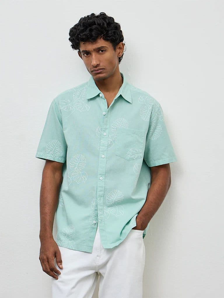 WES Casuals Aqua Printed Relaxed-Fit Cotton-Blend Shirt