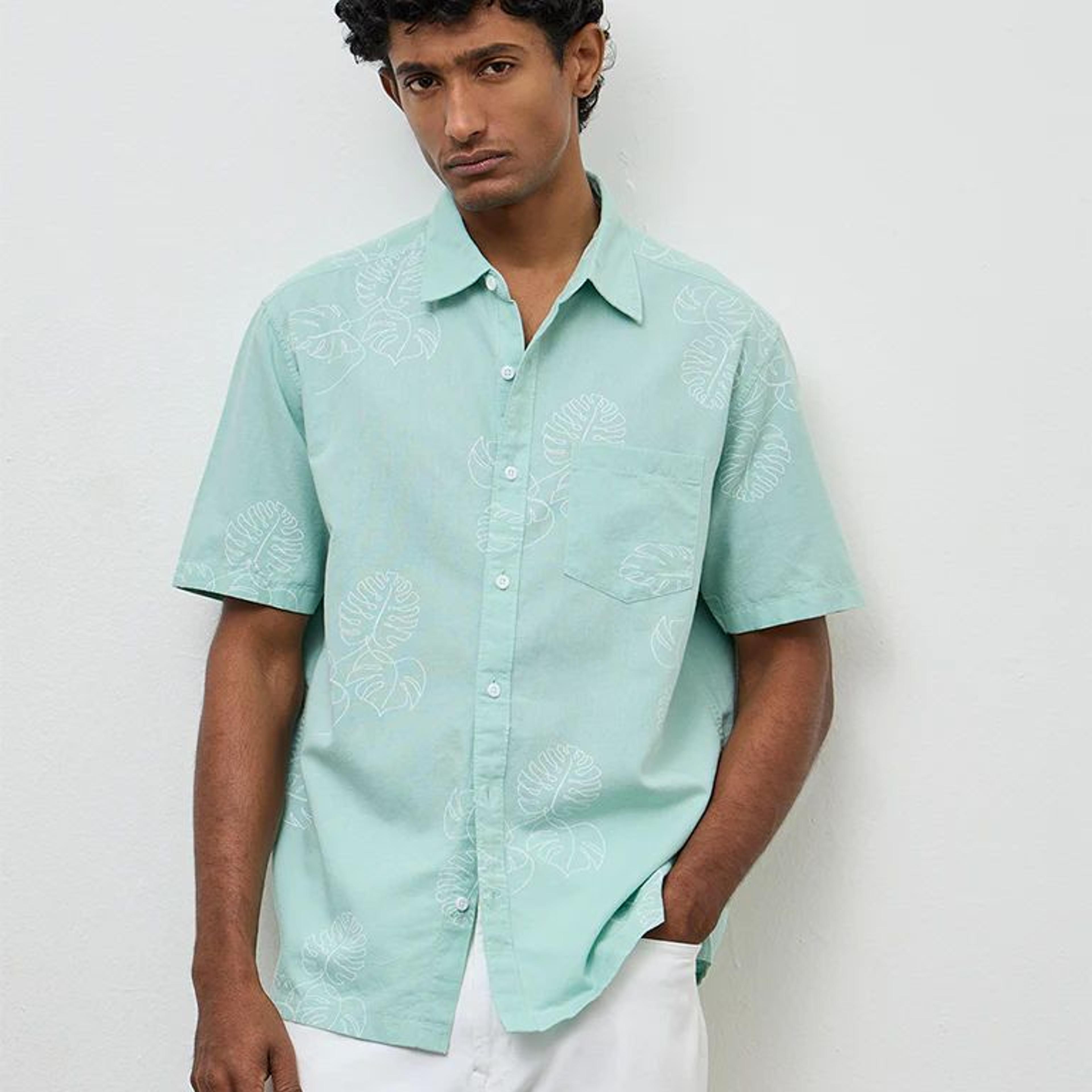 WES Casuals Aqua Printed Relaxed-Fit Cotton-Blend Shirt