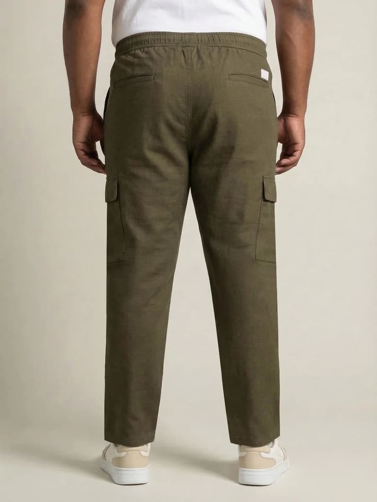 Plus Men's Olive Straight Fit Linen Cargo Pants with 6 Pockets — photo 3