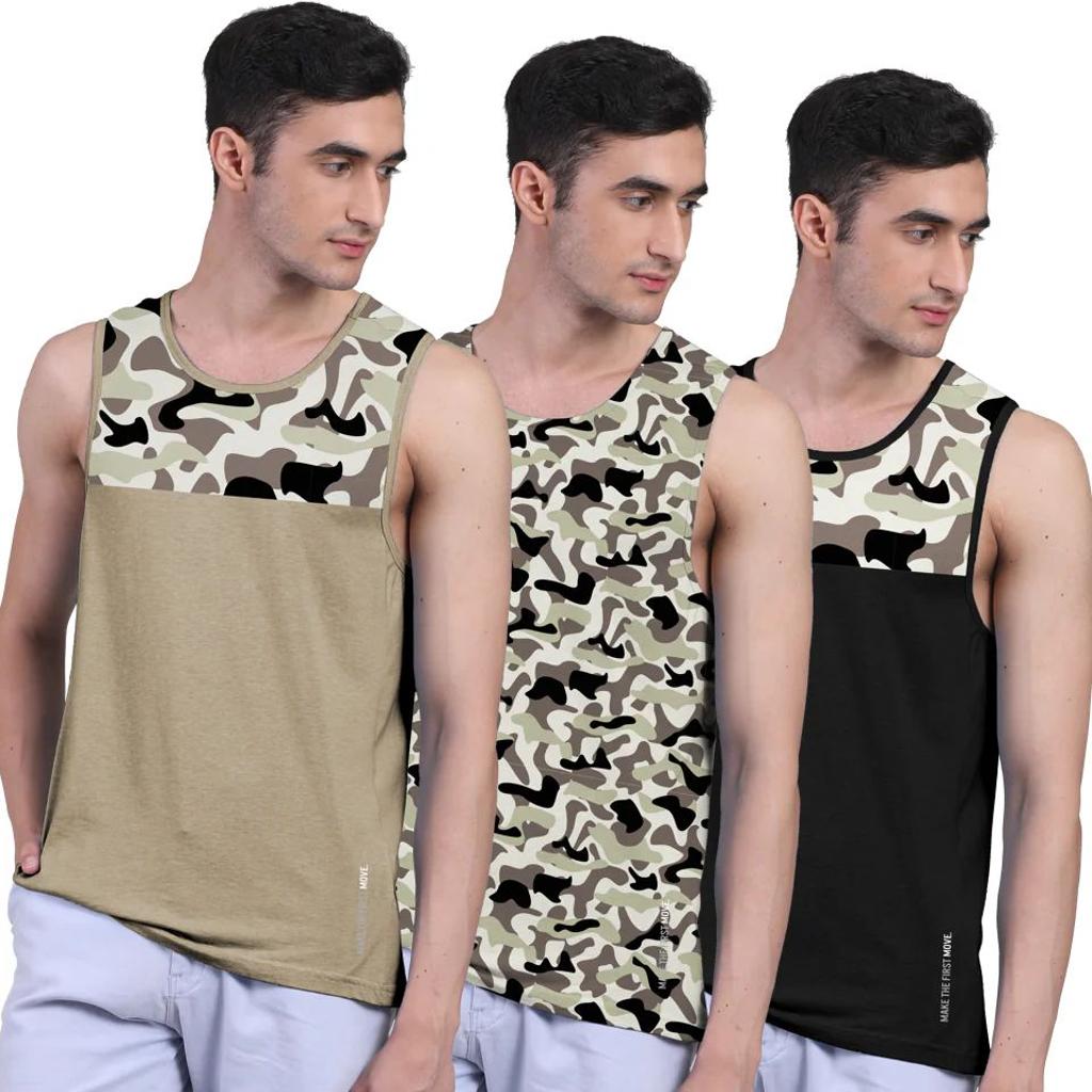 Active Vest For Men's Front Yoke Camouflage Regular Organic Bamboo Vest - Active Fit (Pack of 3)