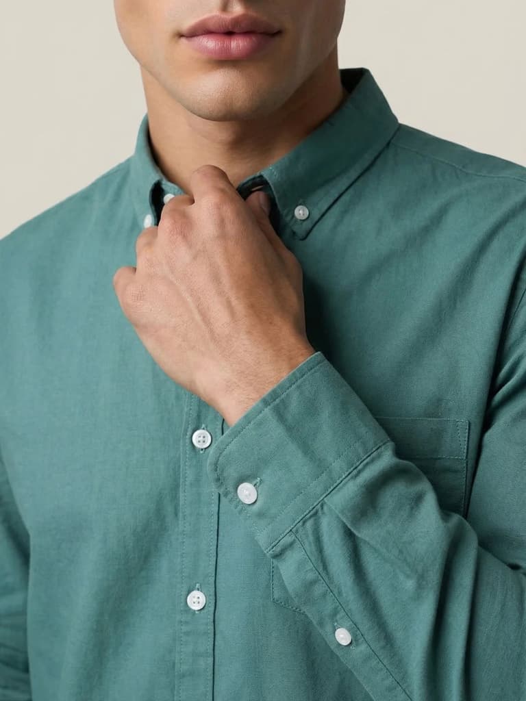 Men's Teal Green Cotton Full Sleeve Regular Fit Solid Oxford Shirt With Button-Down Collar — photo 5