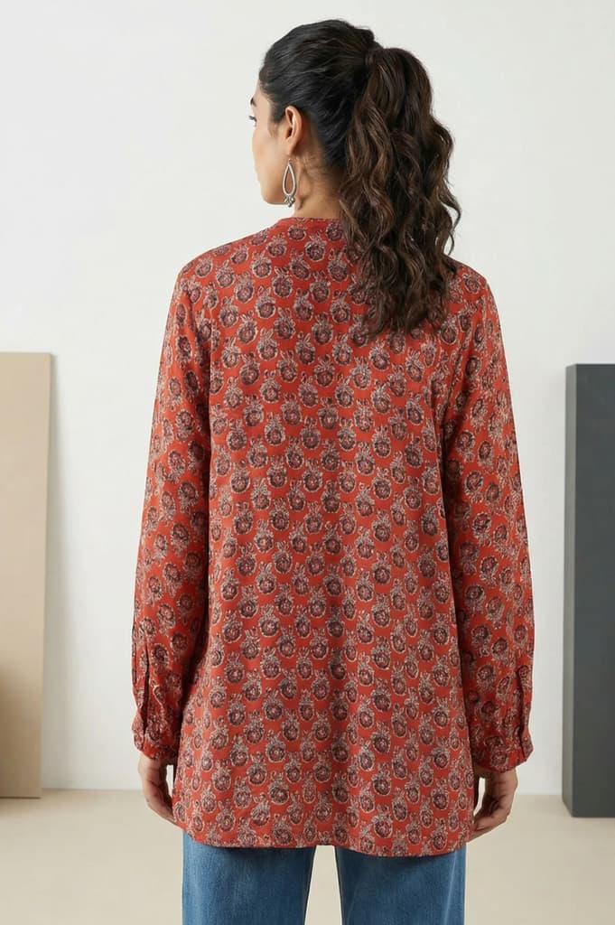Red Block Floral Printed Satin Straight Top — photo 4