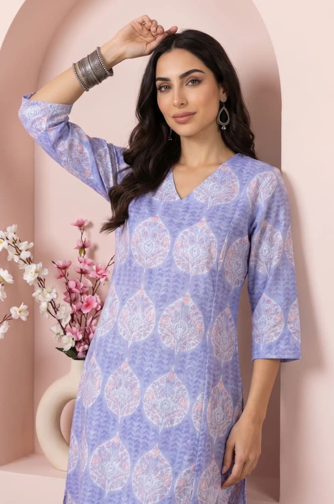 Lavender Floral Printed Pure Cotton A-line Kurta — photo 2