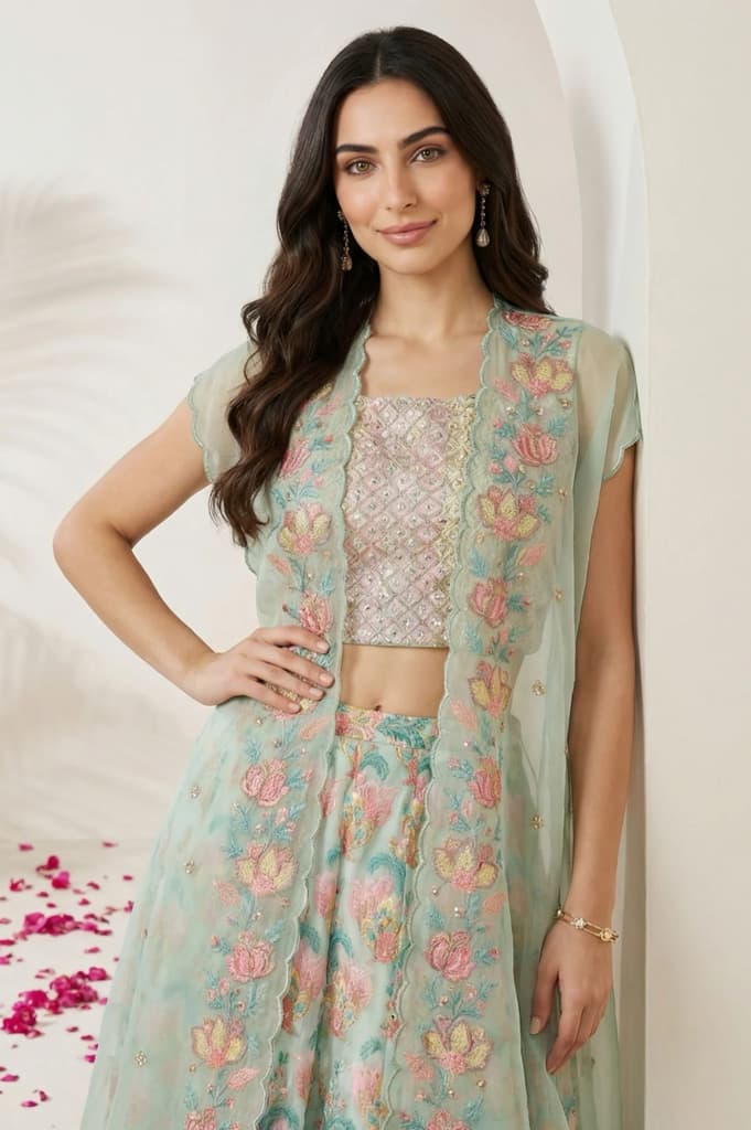 Sea Green Embroidered Blouse with Printed Flared Skirt and Embroidered Jacket Set — photo 2