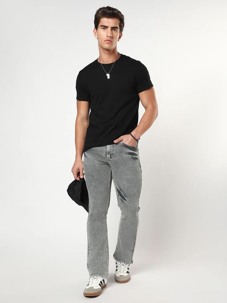 Men's Light Grey Bootcut Fit Mid Rise Acid Wash Jeans Stretchable — photo 4