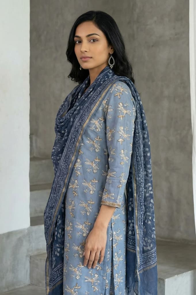Indigo Blue Block Printed Cotton Silk Kota Dupatta with Zari Border — photo 4