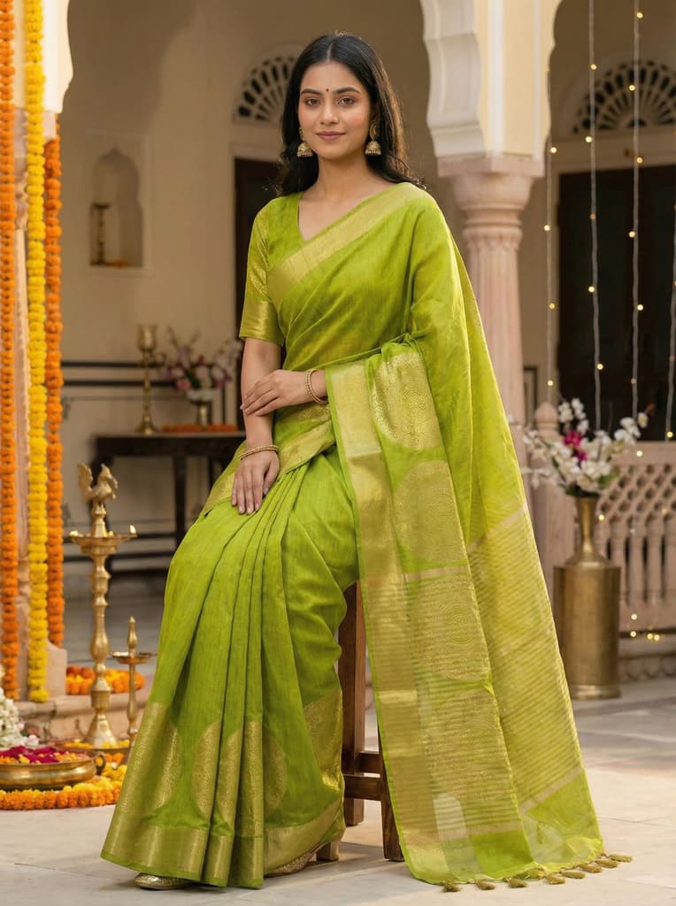 MIMOSA Women's Woven Design Kanjivaram Style Art Silk Saree with Blouse Piece - Olive ( SA00003148OLFREE ) — photo 4