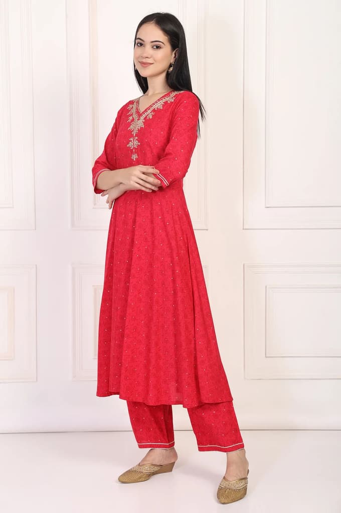 Red Embroidered A-Line Kurta and Straight Trouser Set — photo 4