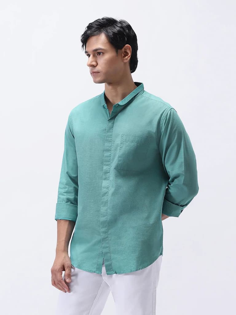 Men's Light Teal Cotton Full Sleeve Regular Fit Casual Solid Shirt with Band Collar — photo 2