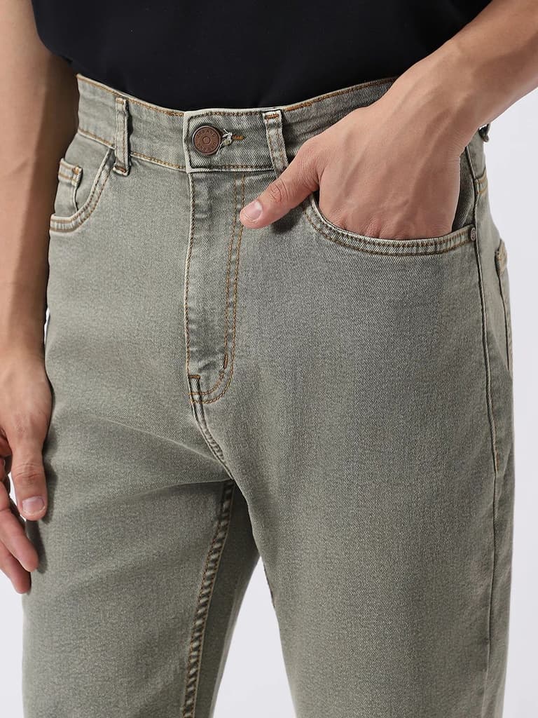Men's Light Grey Straight Fit Heavy Washed Jeans Stretchable — photo 5