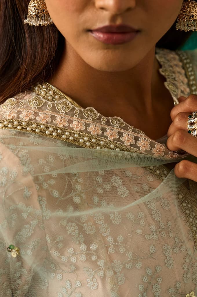 Beige Embroidered Anarkali Net Kurta with Churidar and Dupatta Set — photo 6