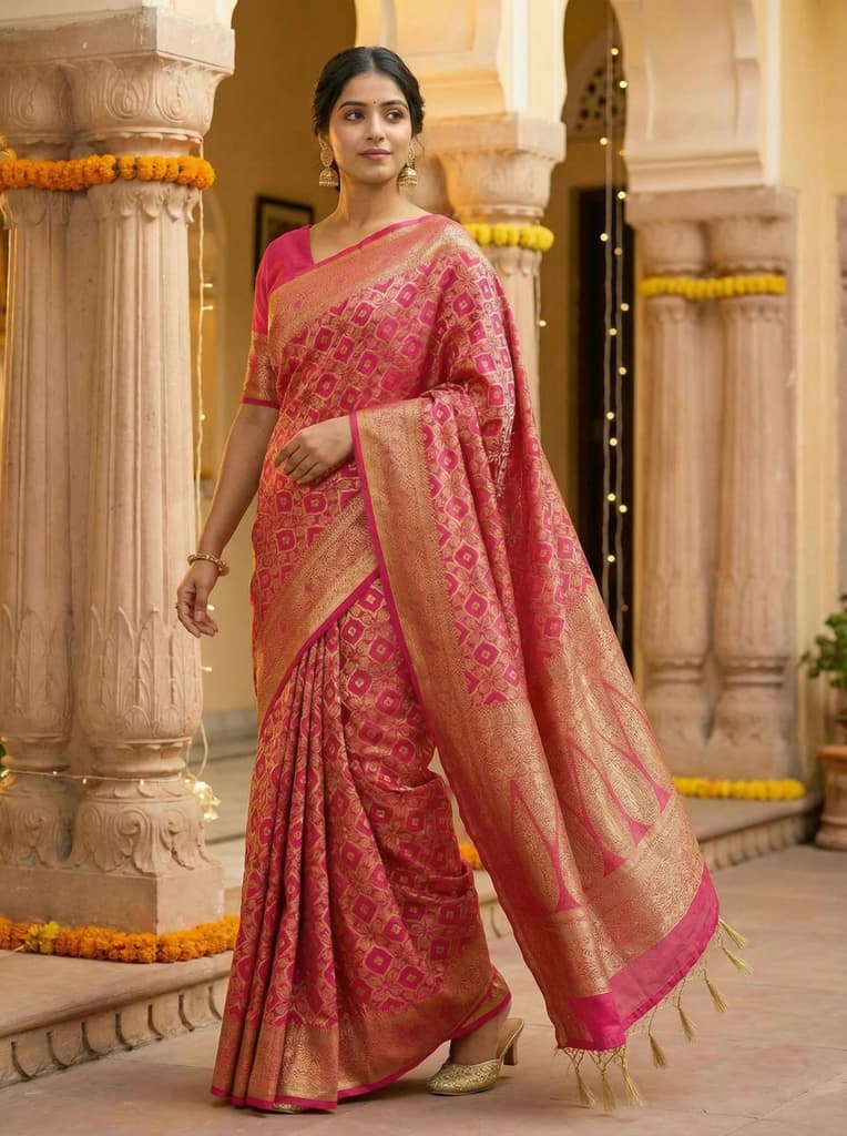 MIMOSA Women's Woven Design Banarasi Style Raw Silk Saree with Blouse Piece - Rani ( SA00003131RNFREE ) — photo 2