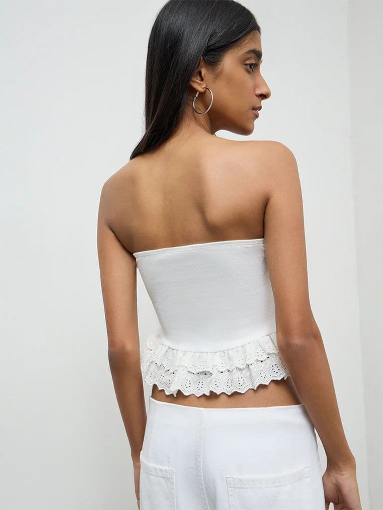 Nuon White Frill-Detailed Cotton-Blend Tube Top — photo 4