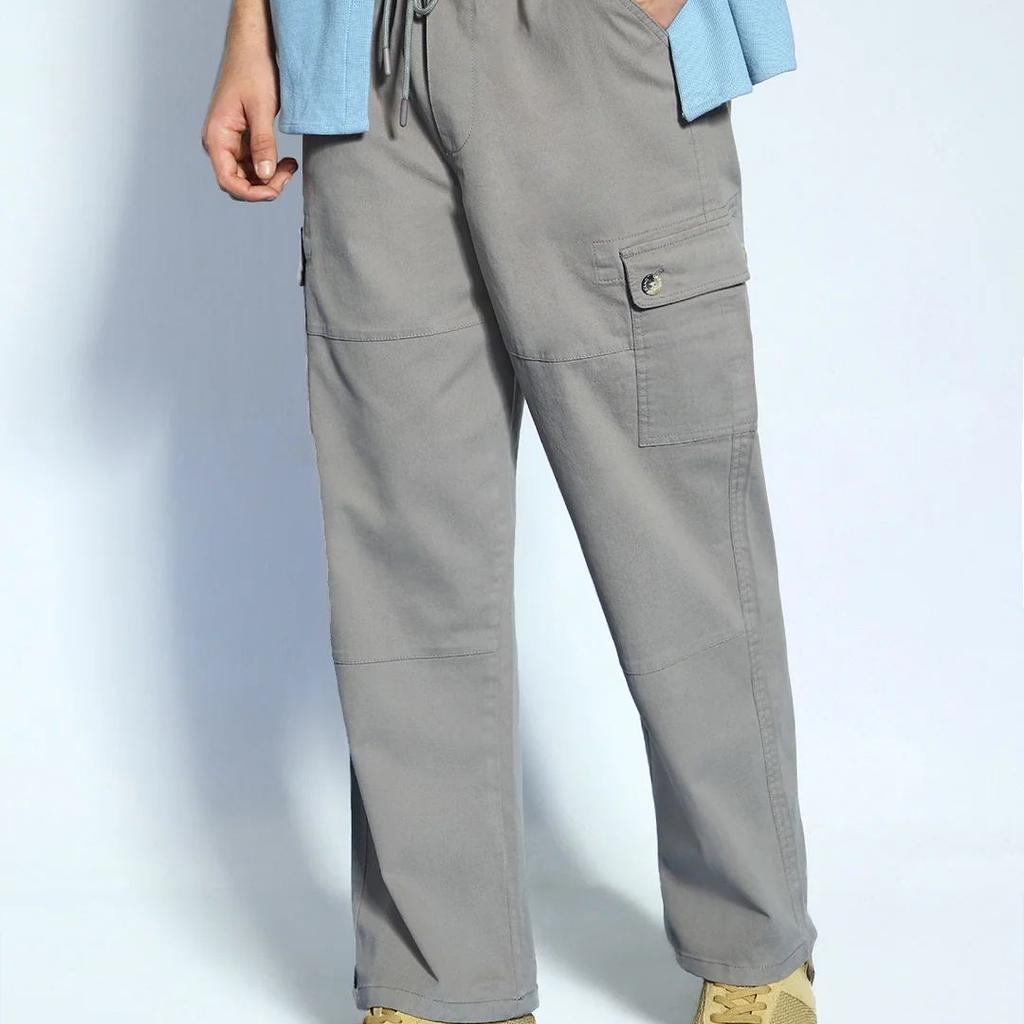 Men's Grey Loose Baggy Fit Cargo Jogger Chino Pant with 6 Pockets Stretchable