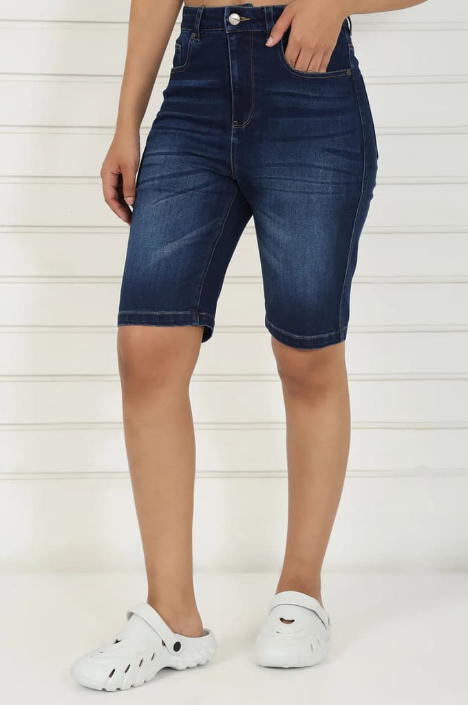 Blue Denim Lycra Mid Rise Mid Thigh Length Shorts with YKK Zipper — photo 3