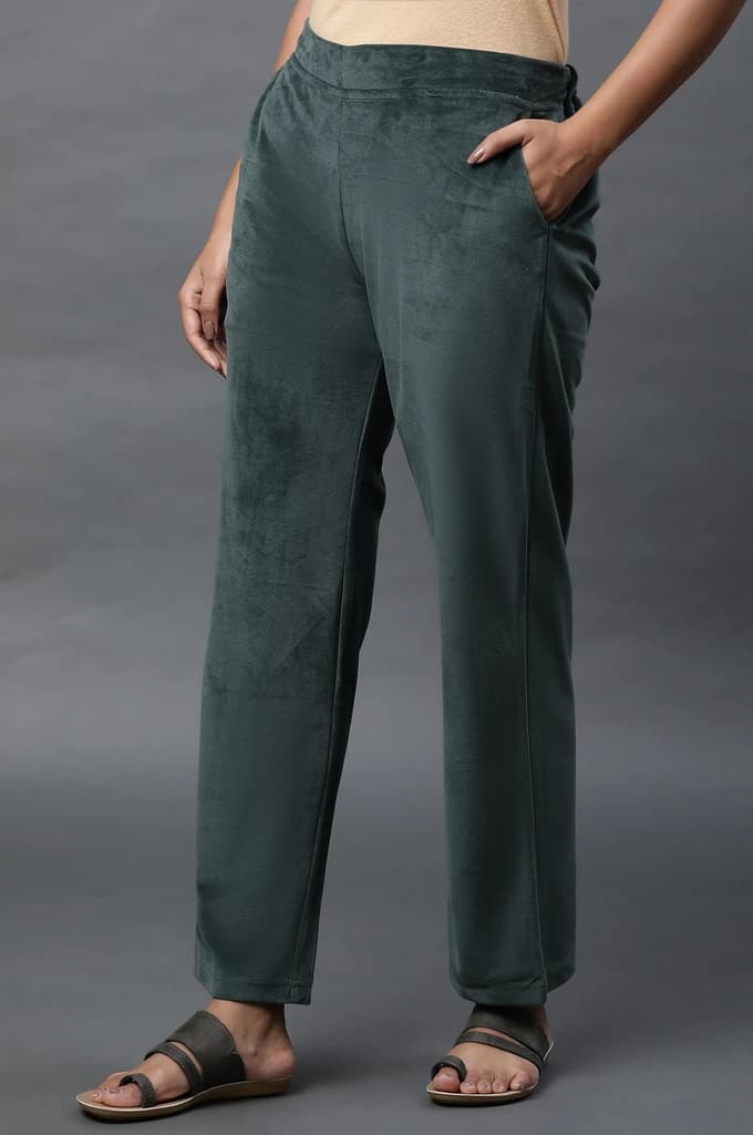 Green Solid Straight Fit Velvet Pants With Elasticated Waist — photo 2
