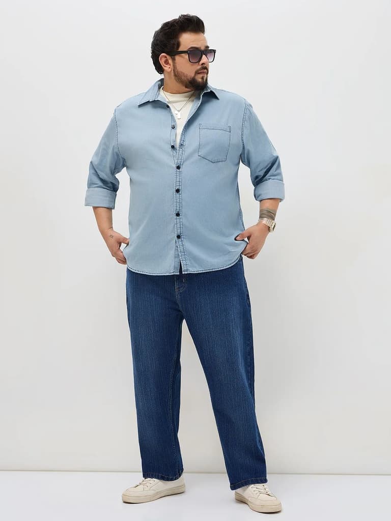 Plus Men's Ice Blue Regular Fit Full Sleeve Solid Denim Shirt — photo 4
