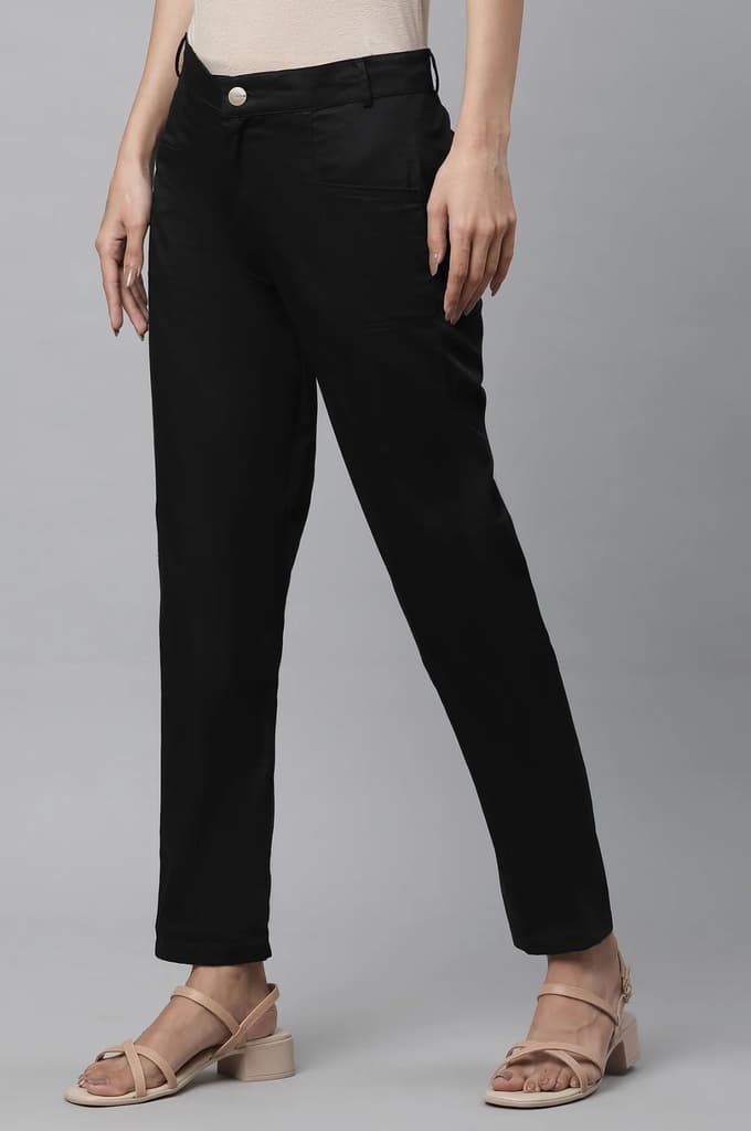Black Solid Straight Fit Cotton Pants With Elasticated Back — photo 2
