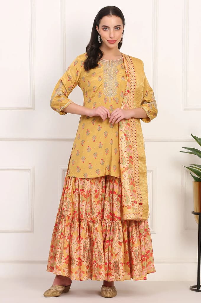 Yellow Embroidered Straight Shantung Kurta with Sharara and Dupatta Set — XS